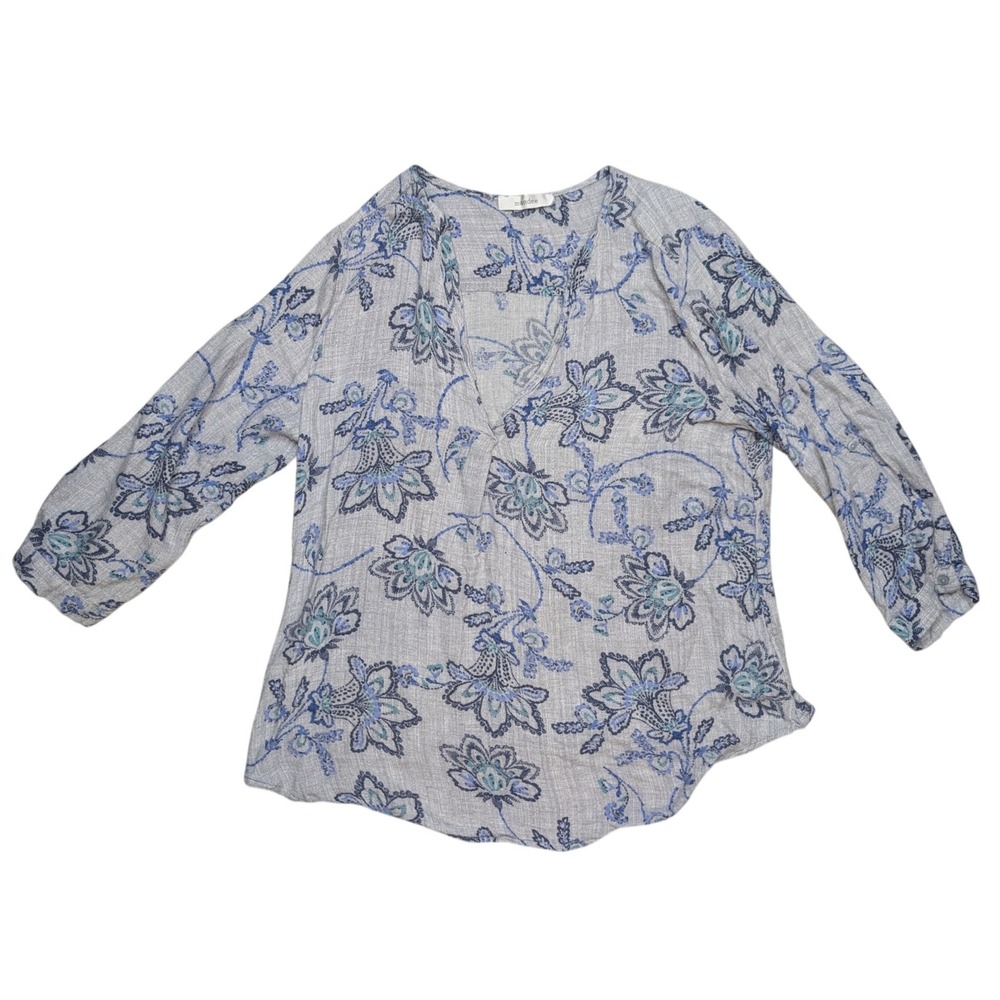 Mandee Grey Blue 3/4 Sleeve V Neck Light Weight Tunic Paisley